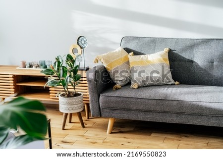 Stylish living room interior with designer console with decor and gray sofa with graphic pillows. White walls, green plants in the pots. Light wooden oak parquet. Modern Scandinavian style interior.