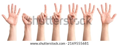 Isolated hands, showing numbers 1 to 5 plus a left hand for numbers 6 to 10 and a zero Royalty-Free Stock Photo #2169555681