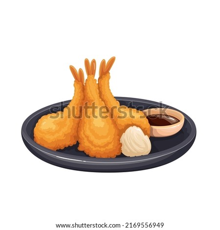 Tempura Japanese food, crispy deep fried dish with prawn vector illustration. Cartoon isolated tasty hot Asian snack with seafood in crumbs, shrimp tempura with sauce on plate of Japan restaurant Royalty-Free Stock Photo #2169556949