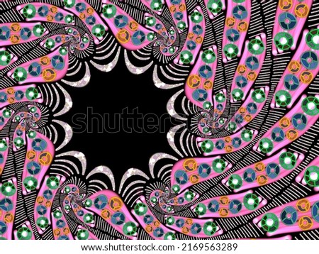 A hand drawing pattern made of pink green orange and grey on a black background