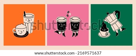 Moka pot, coffee cups with legs in boots. Cup and glass with faces. Logo, icon, coffee shop, menu design templates. Cute cartoon style characters. Three hand drawn isolated Vector illustrations Royalty-Free Stock Photo #2169571637