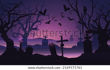 Cemetery in forest. Halloween background with bats, trees, tombstones and fireflies. Halloween purple, violet template. Vector illustration. Royalty-Free Stock Photo #2169571761