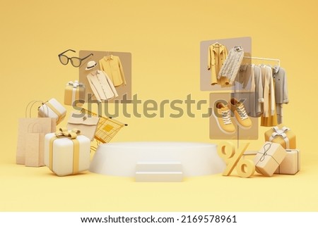 fashion clothes During online shopping promotions and discounts will be surrounded by shirts, shoes, sunglasses and gift boxes and packages with advertising space banner pastel background 3d rendering