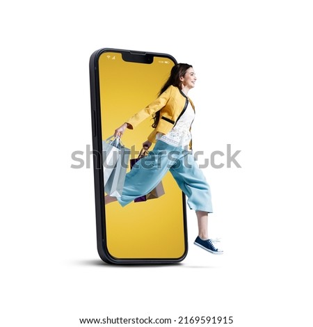Happy young woman in a smartphone screen, she is running and holding shopping bags, online shopping promotional sale, isolated on white background