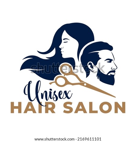 Icon man, woman, and scissors. Unisex hair salon logotype. Royalty-Free Stock Photo #2169611101