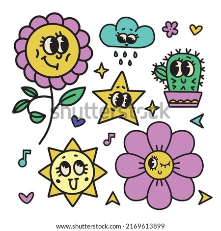 Abstract retro cartoon characters set. Cartoon 30s 40s 50s clip art floral mascots with funny faces. Cloud, flowers, cactus, sun and star. Vector psychedelic illustration.
