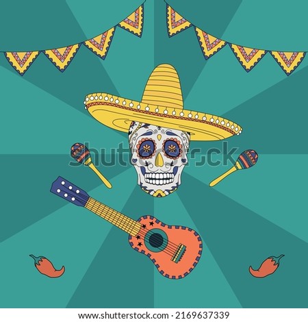 A Mexican skull with maracas and a guitar. Hand-drawn flat vector illustration. Poster for clothes, covers and more.