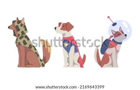 Funny dogs in superhero and astronaut costumes set. Cute pets dressed for carnival party cartoon vector illustration