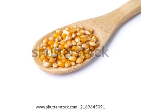 Dried corn or popcorn grains in a spoon isolated over white background.