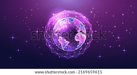 Concept of web 3.0, metaverse with purple holographic globe from space, global connection 