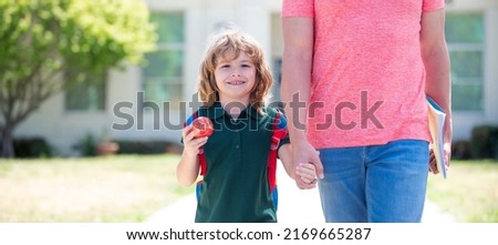 Banner of child back to school, happy child with apple hold cropped fathers hand or teacher coming back from school, childhood