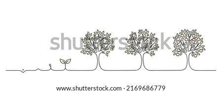 plant growing from seedling into tree vector illustration, life cycle of apple tree from seed or sapling, blossoms turning into fruits on white background, nature concept, black line Royalty-Free Stock Photo #2169686779