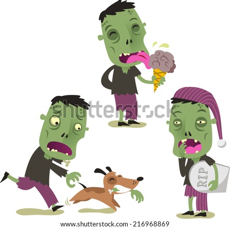 Halloween zombie cartoon action set vector illustration