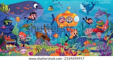 cute underwater illustration. the beauty of marine life. beautiful and colorful fish, algae and coral reefs Royalty-Free Stock Photo #2169690957