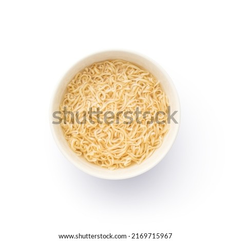 Yellow noodles in white bowl isolated on white background , top view , flat lay , clipping part.