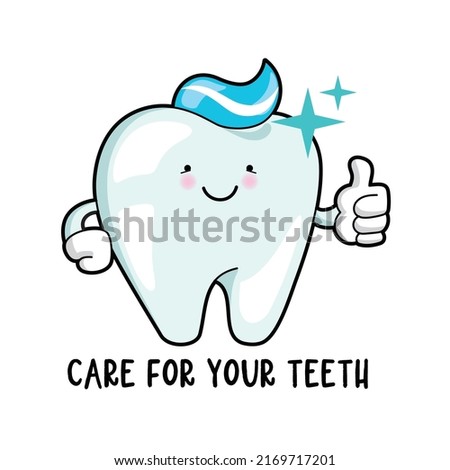 Cute smiling tooth vector illustration. Holding thumbs up with toothpaste hairstyle. Isolated logo for dental hygiene. Message: Care for your teeth