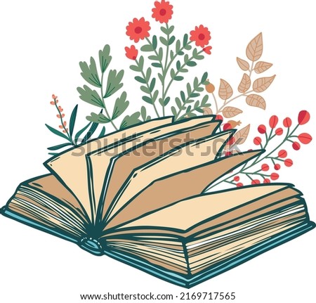 Graphics, books and flowers on a white background
