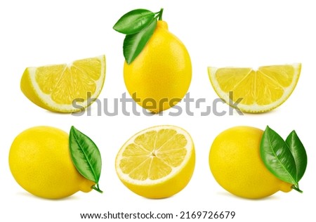 Fresh lemon whole and cut in half with leaf isolated on white background. Clipping Path. Full depth of field.