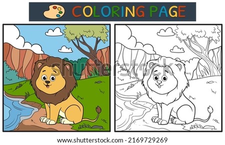 coloring page or book with cartoon lion in the forest