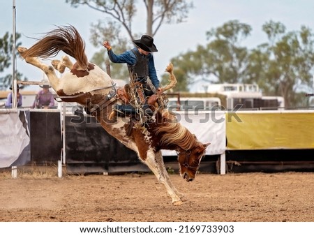 Cowboy riding a bucking bronc at a country rodeo Australia Royalty-Free Stock Photo #2169733903