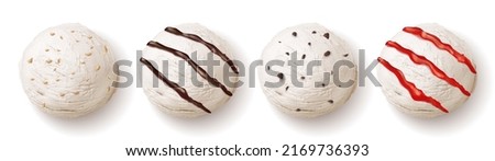 Ice cream ball with chocolat and strowberry sauces or syrup, cookie chips realistic vector illustration. Vanilla sphere scoop sundae or sorbet 3D isolated icons on white background, cold summer milk Royalty-Free Stock Photo #2169736393