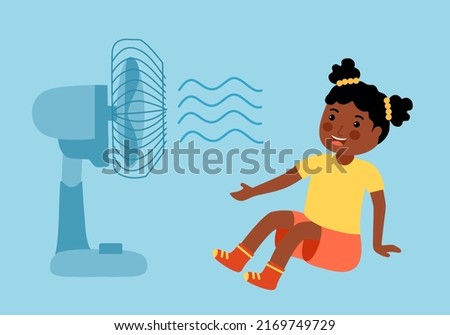 Black girl child sitting with electric fan blowing in hot summer day in flat design.