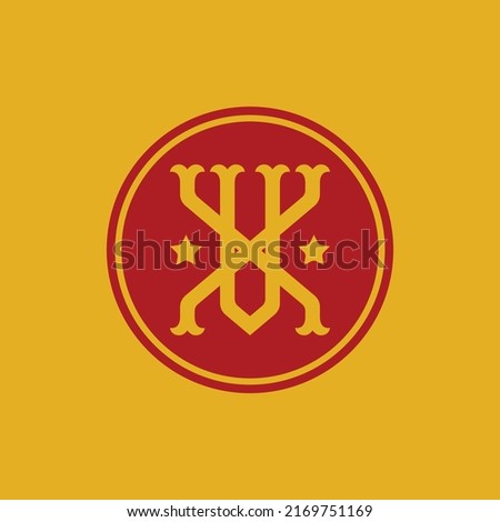 Monogram Logo, Initial letters V, X, VX or XV, Interlock, Vintage, Classic, Red and Yellow Color on Yellow Background