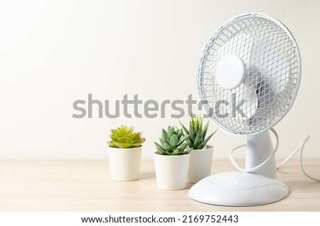 Table fan and succulent flowers. Closeup. Cooling in the room in hot weather Royalty-Free Stock Photo #2169752443
