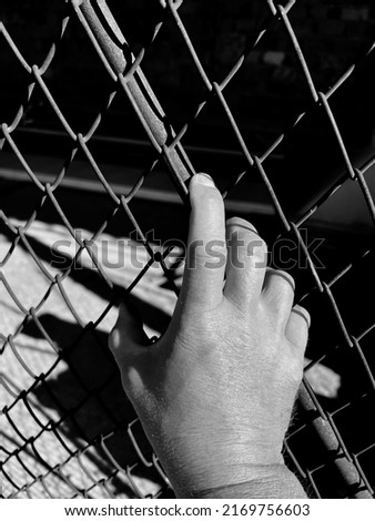 Vertical monochrome image, caucasian man holding the wire fence at the correctional institute. Royalty-Free Stock Photo #2169756603