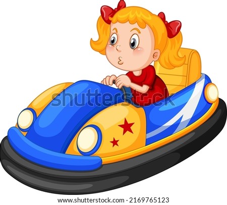 Little girl driving bumper car in cartoon design illustration