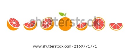 Grapefruit slices set. Whole, half and slice chopped grapefruit fruit collection. Citrus elements group. Vector illustration isolated on white background. Royalty-Free Stock Photo #2169771771