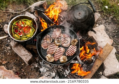 Campfire red meat in pan, near the fire outdoors. bushcraft, adventure, tea, knife and camping concept Royalty-Free Stock Photo #2169780335