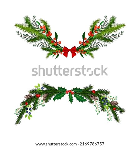 Winter Fir Branches Arranged with Berry Twigs and Fir Cones Semicircular Vector Illustration Set
