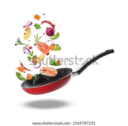 Tasty fresh ingredients and frying pan on white background Royalty-Free Stock Photo #2169787231