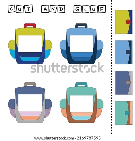 Cut out and glue the part of the backpack to its pair.Preschool worksheet, kids activity worksheet, printable worksheet

