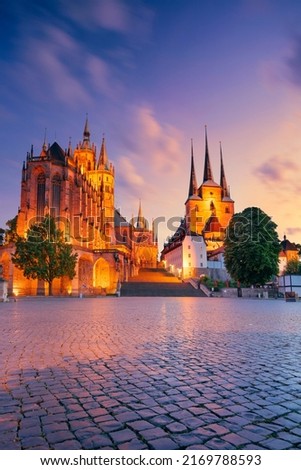Cityscape image of downtown Erfurt, Germany with Erfurt Cathedral at summer sunset. Royalty-Free Stock Photo #2169788593