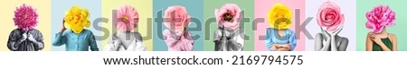 Set of people with beautiful flowers instead of their heads on colorful background