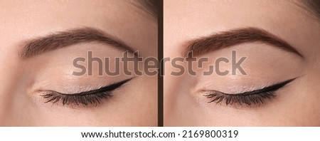 Collage with photos of woman before and after eyebrows dyeing with henna, closeup. Banner design