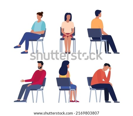 People are sitting on chairs. Men and women sit in different poses on chairs turned from different sides. Vector set Royalty-Free Stock Photo #2169803807