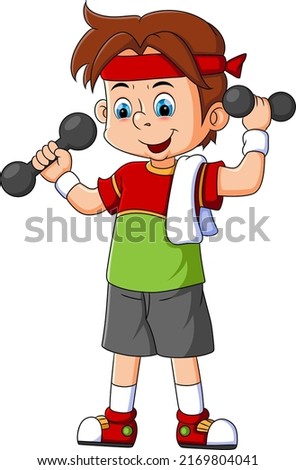 The teenager is lifting two small barbell at a gym of illustration