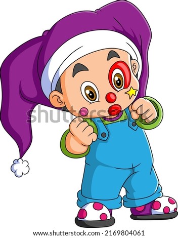 The cute baby boy is wearing the clown costume of illustration