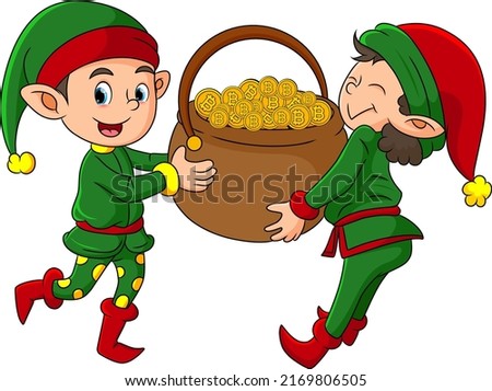 The dwarfs are holding a big sack of bitcoins of illustration