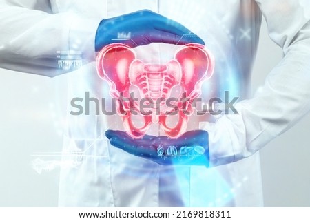 Doctor and Hologram, anterior ultrasound image of the male pelvis, sacrum. Anatomy, medicine, scientific concepts Royalty-Free Stock Photo #2169818311