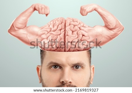 Male face and brain shows biceps, brain power, human organ. Concept training memory, intelligence, strong mind. mixed media Royalty-Free Stock Photo #2169819327