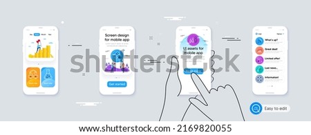 Set of Wallet, Brush and Delegate work line icons. Phone ui interface. Include Business hierarchy, Infographic graph, Video conference icons. Vector