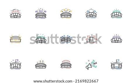 Sports stadium line icons. Ole chant, arena football, championship architecture. Arena stadium, sports competition, event flag icons. Sport complex linear set. Bicolor outline web elements. Vector