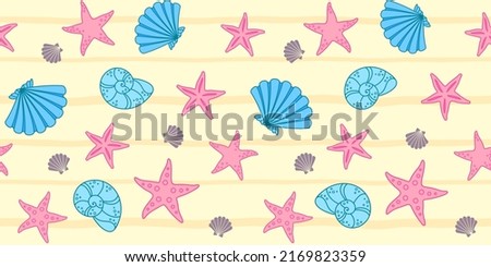 Pink starfish and blue seashells on a yellow striped background. Summer endless texture. Vector seamless pattern for wrapping paper, packaging, wrapper, surface texture, cover and printing on clothes
