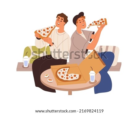 Men friends eating pizza together, sitting at table in pizzeria. Happu guys couple enjoying fast food, relaxing. People and takeaway fastfood box. Flat vector illustration isolated on white background