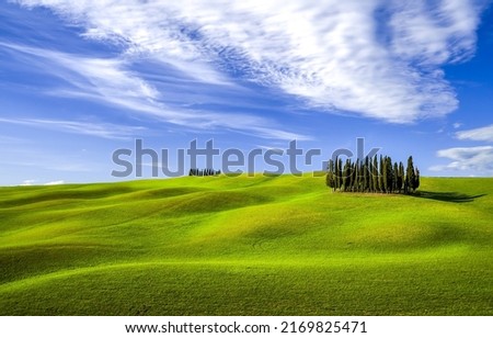 Green hills under a blue sky with clouds. Green hills landscape. Summer green hills panorama. Green hill valley landscape Royalty-Free Stock Photo #2169825471