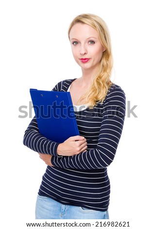 Caucasian woman with clipboard